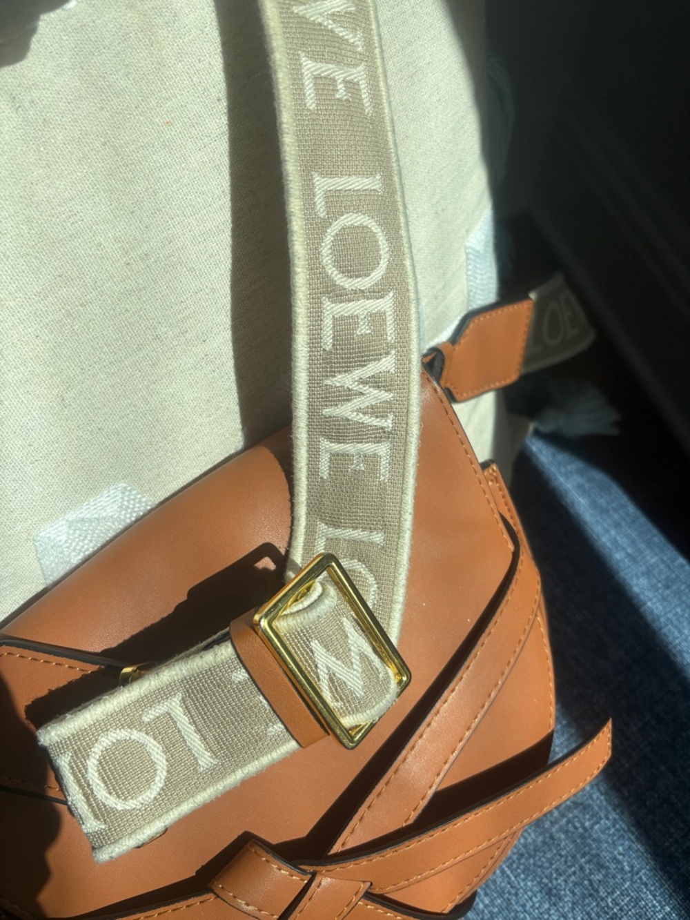 Loewe Tan Leather Gate Crossbody with Logo Strap